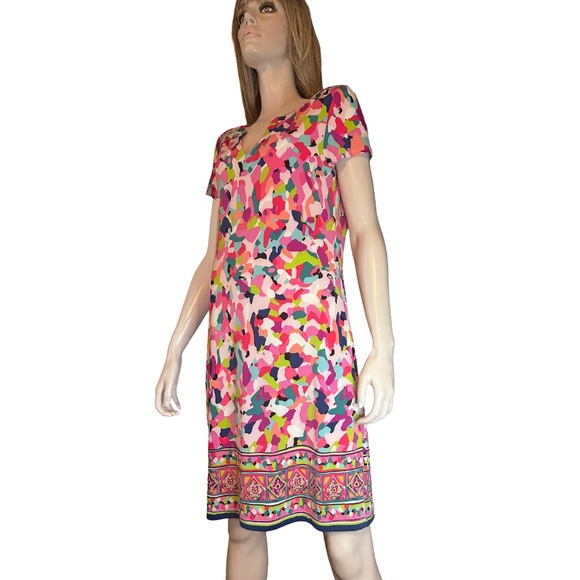 Cappagallo Shift Dress Abstract Print Jersey Knit Colourful Fun V-Neck - Picture 6 of 16